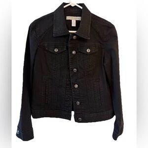 Chico's Platinum Denim Jacket Black Stretch Button Collared Pockets Short Size 0